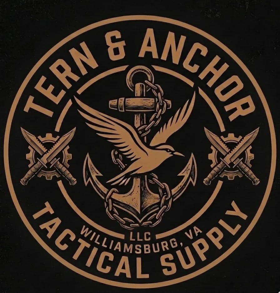 Tern and Anchor Tactical Supply logo featuring a gold eagle with anchor on black circular emblem, Williamsburg VA