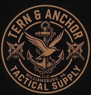 Tern and Anchor Tactical Supply logo featuring a gold eagle with anchor on black circular emblem, Williamsburg VA